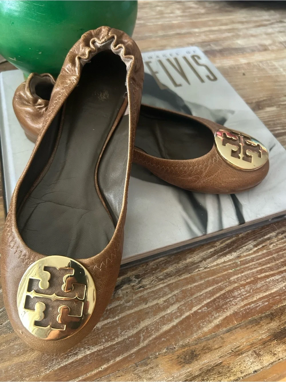 Tory Burch Tan Leather Logo Ballet Flats with Gold Medallions